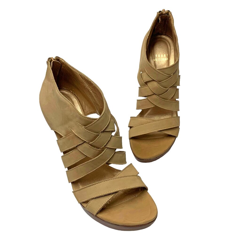 Stuart Weitzman Taupe Strappy Rear Zip Platform Sandal Booties‎